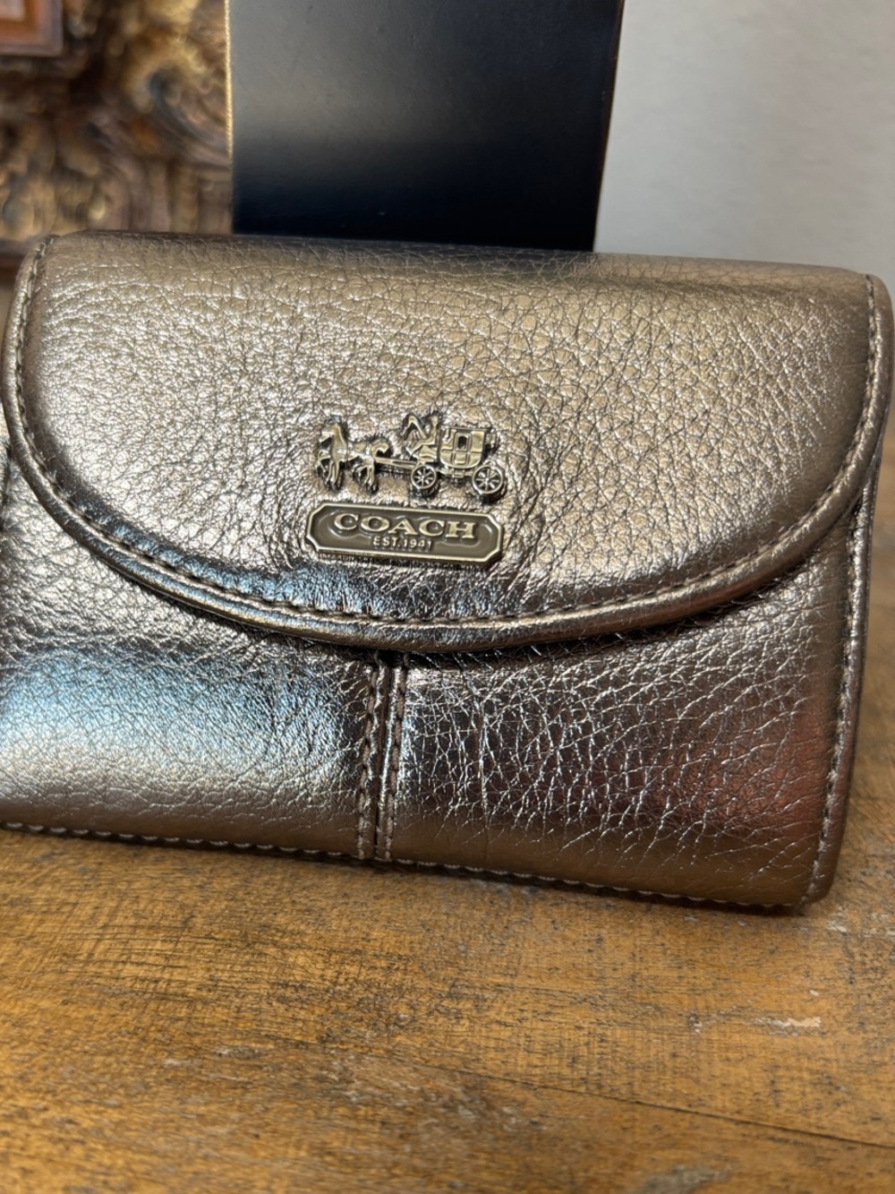 COACH Metallic Pewter Mini Wallet with Logo Plaque